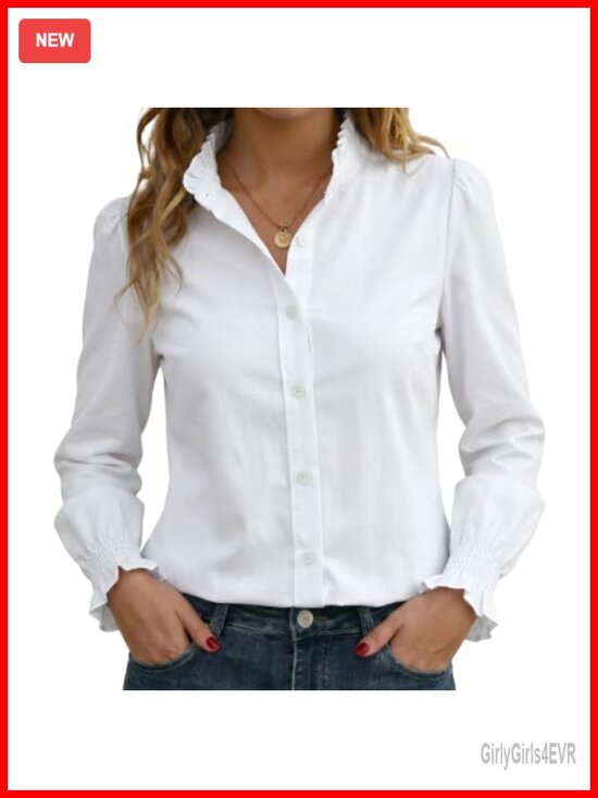 Tops - Striped Button Down Shirt Long Sleeve Smocked Cuff Ruffle Collar Work Blouse